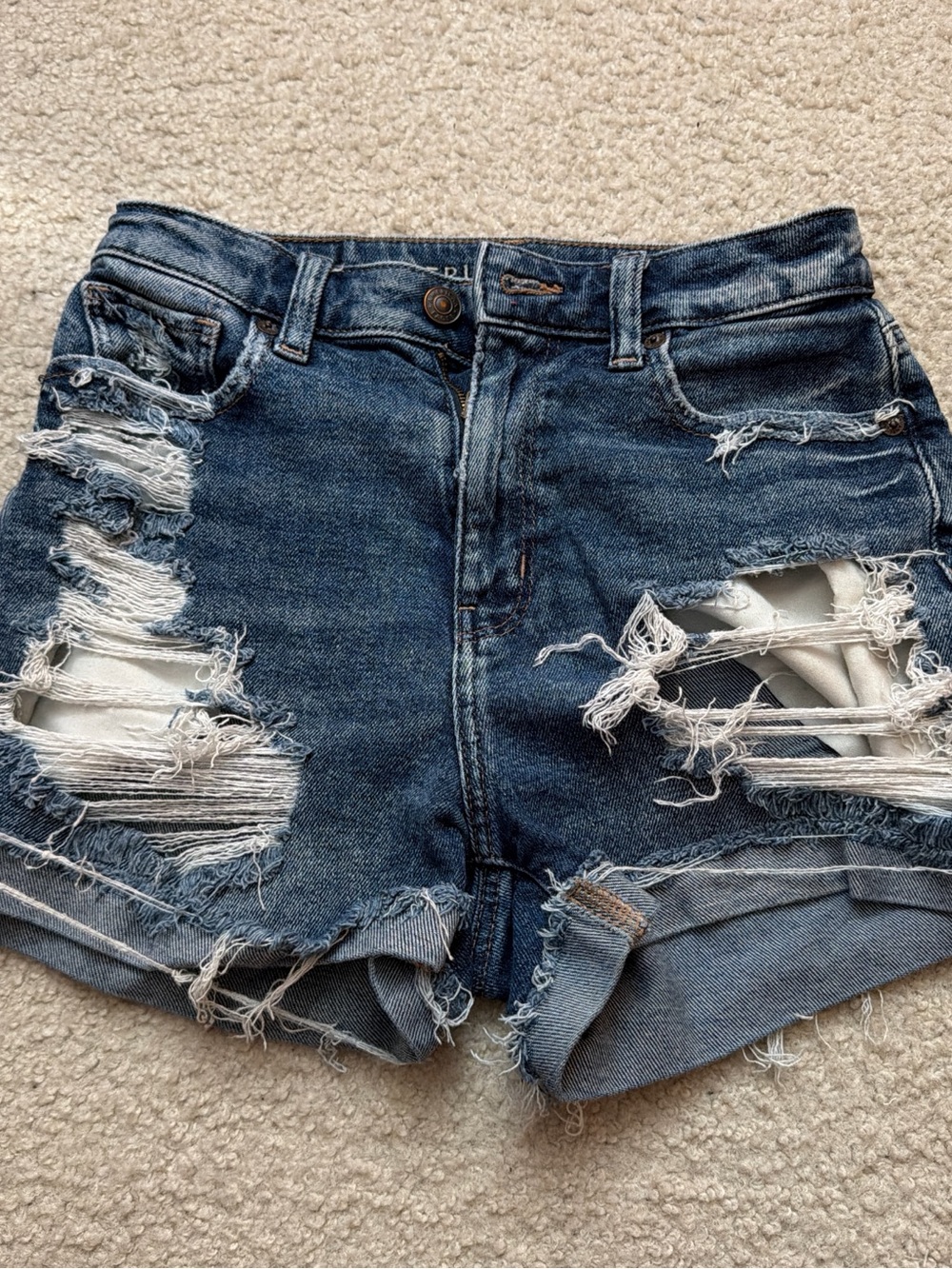 American Eagle Outfitters Ripped Dark Blue High-Rise Denim Shorts